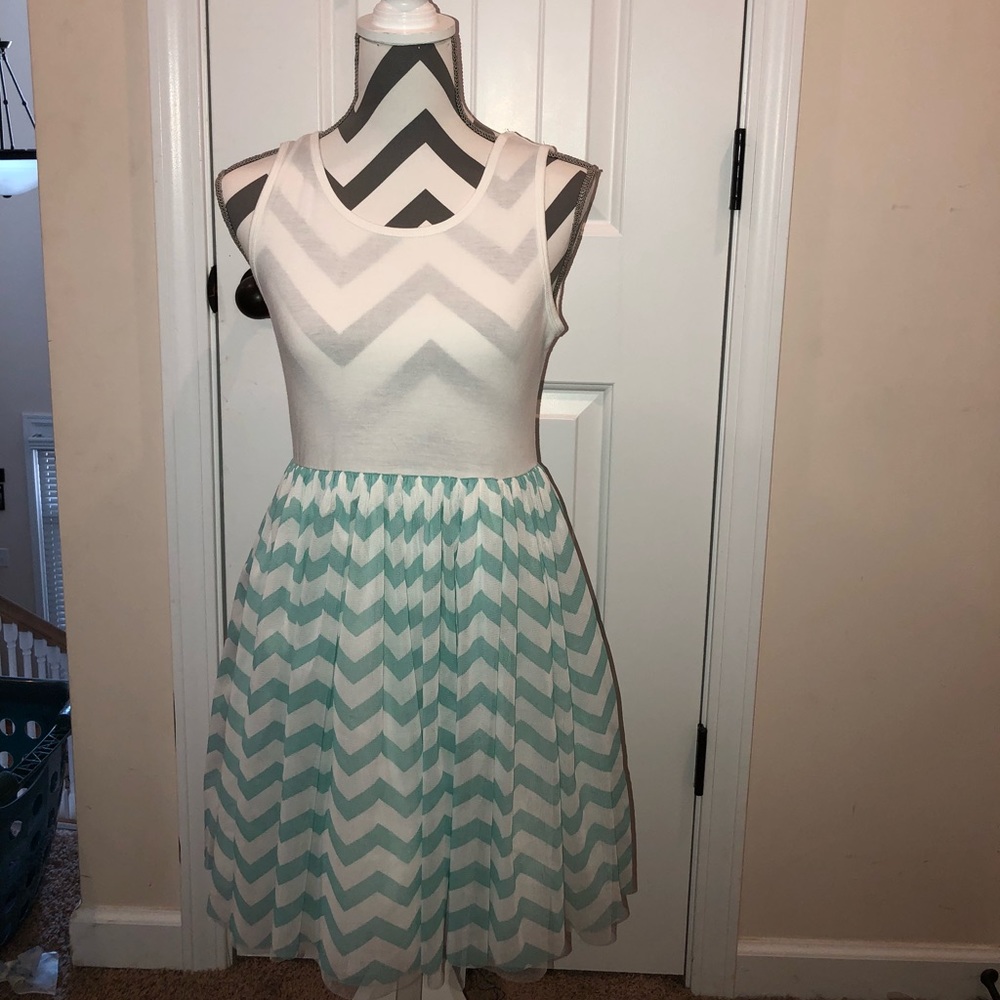 white and teal striped dres